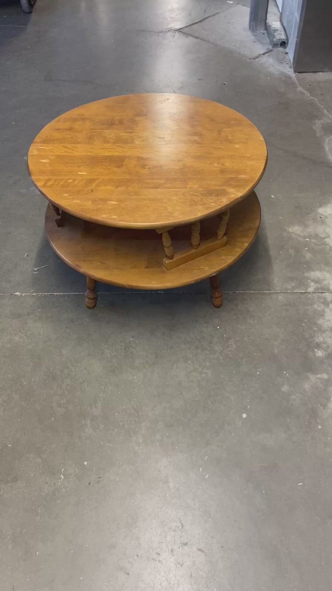 Mid-Century Colonial Revival Maple Two-Tier Round Coffee Table with Turned Spind