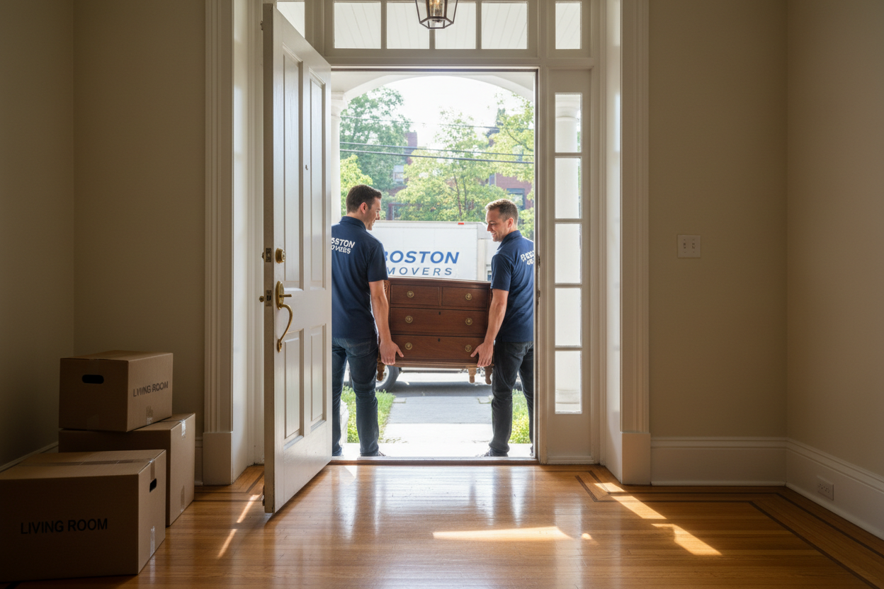 those people are walking into the house. The idea is to show our free furniture removal service. So the movers are moving the item out of the house